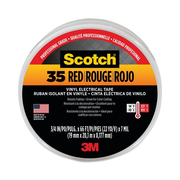 3M Scotch Vinyl Electrical Color Coding Tape, 3" Core, 0.75"x66 ft., Red 10810-DL-2W